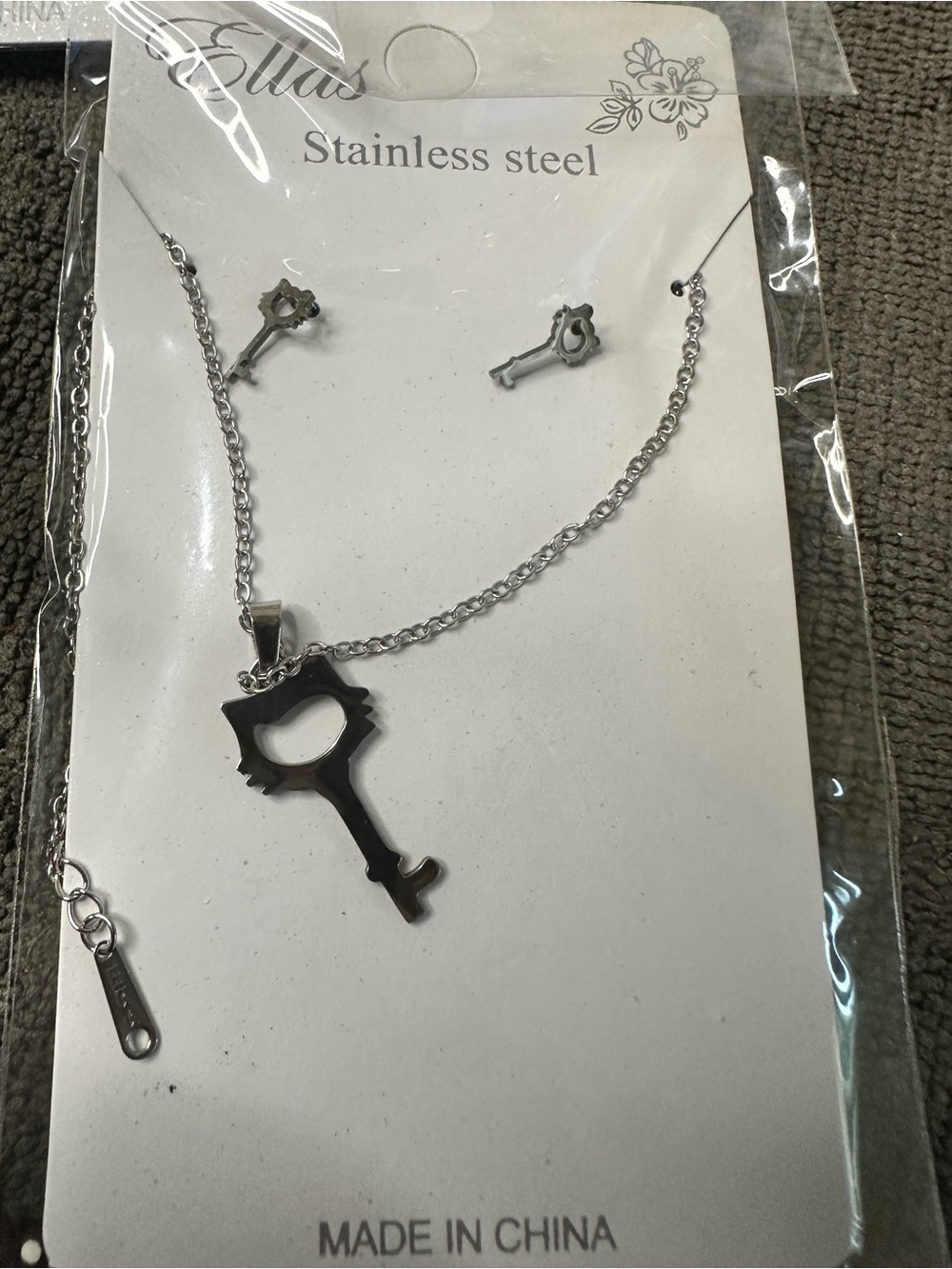 Cat key necklace and matching earrings stainless steel